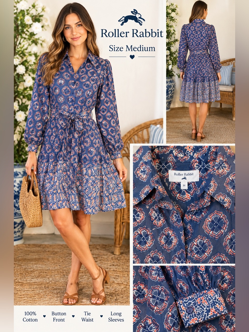 Roller Rabbit Primrose Shea Fit And Flare Shirt Dress Belted Long Sleeve Size M